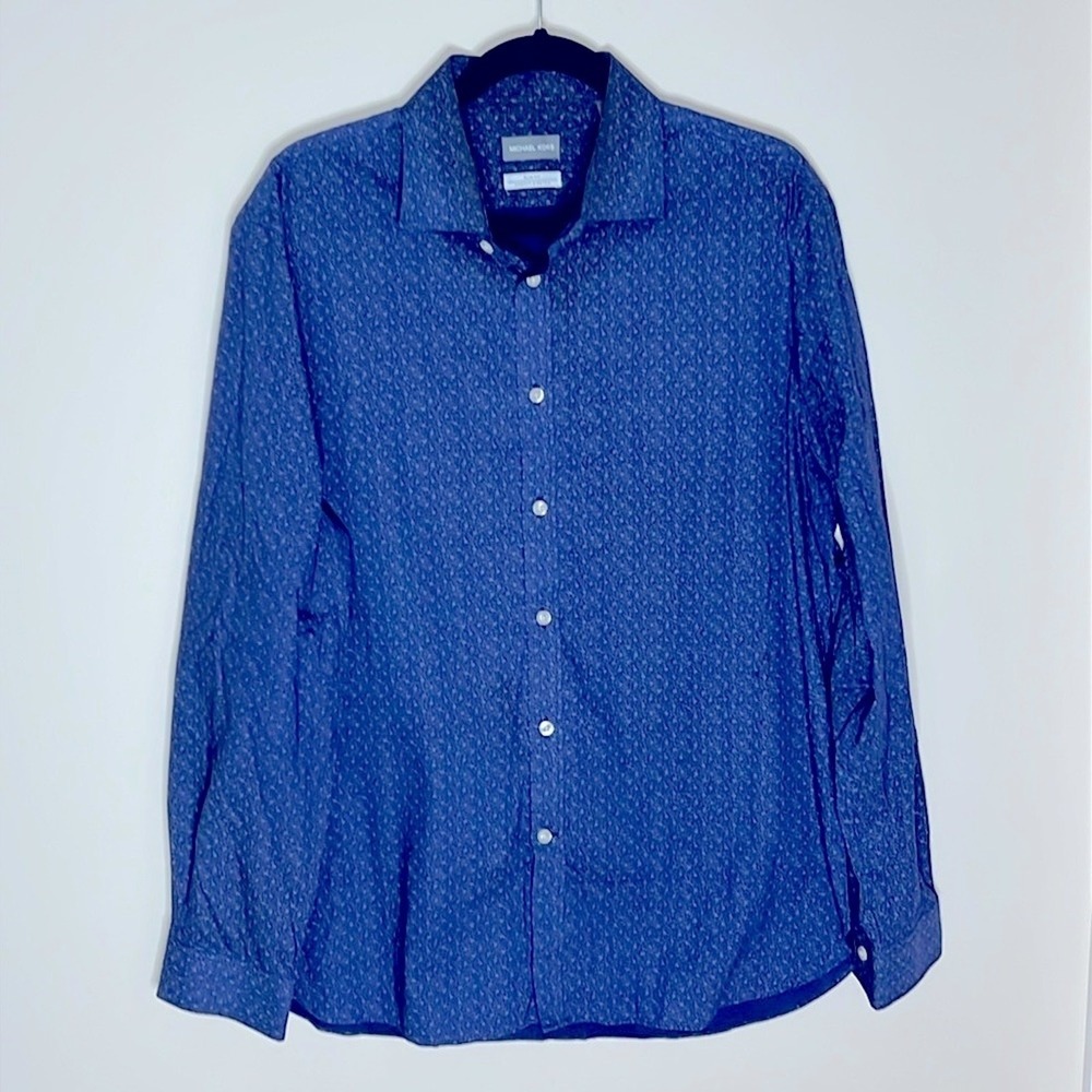 Michael Kors Slim Fit Button-Up Dress Shirt 17 34/35 XL Navy Patterned Business